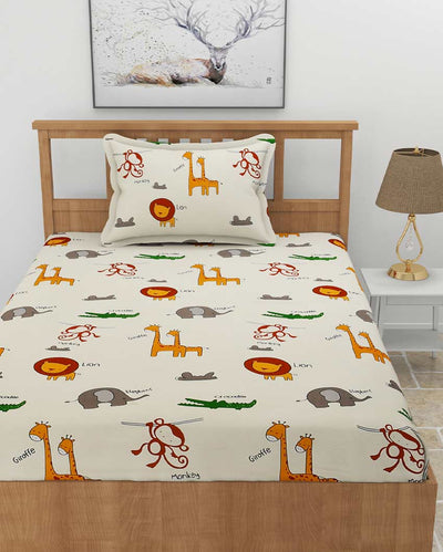 Tier Printed Off White Glace Cotton Flat Single Bedsheet with One King Size Pillow Cover | 90 x 60 inches