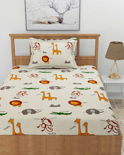 Tier Printed Off White Glace Cotton Flat Single Bedsheet with One King Size Pillow Cover | 90 x 60 inches