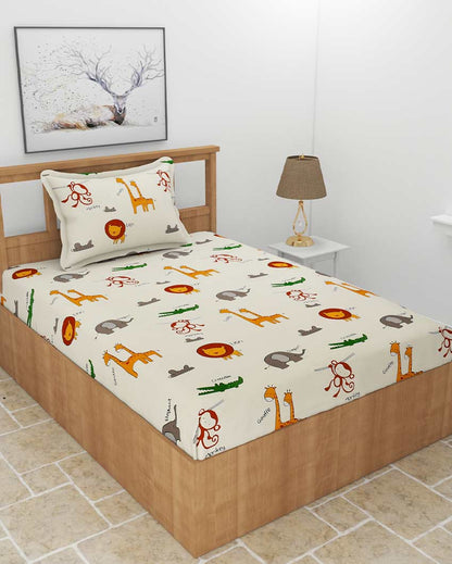 Tier Printed Off White Glace Cotton Flat Single Bedsheet with One King Size Pillow Cover | 90 x 60 inches