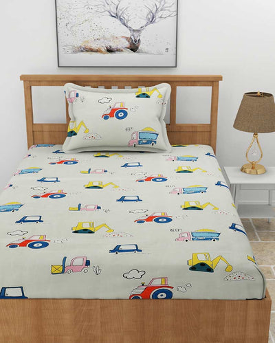 Heavy Vehicles Printed Off White Glace Cotton Flat Single Bedsheet with One King Size Pillow Cover | 90 x 60 inches