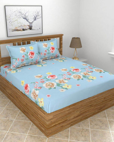 Sky Blue Roses Cotton King Size Bedsheet Set | 72 x 78 x 12 inches | 210 TC