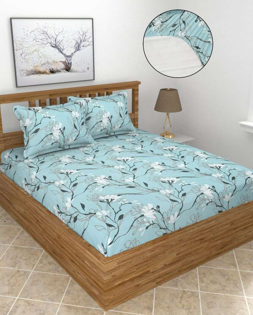 Sky Blue Lilly Flowers Glace Cotton King Size Bedsheet Set | 108 × 108 inches | 210 TC