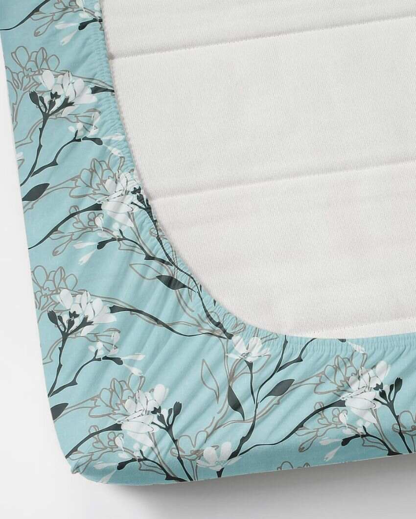Sky Blue Lilly Flowers Glace Cotton King Size Bedsheet Set | 108 × 108 inches | 210 TC