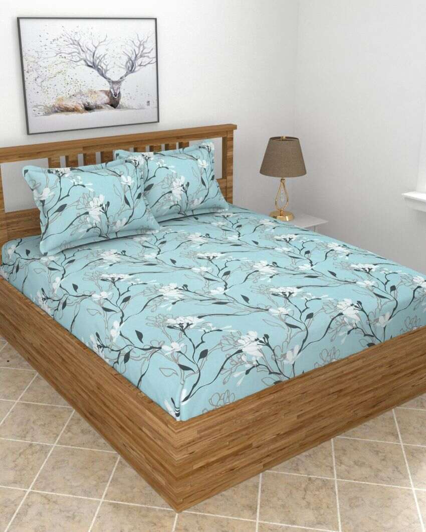 Sky Blue Lilly Flowers Glace Cotton King Size Bedsheet Set | 108 × 108 inches | 210 TC