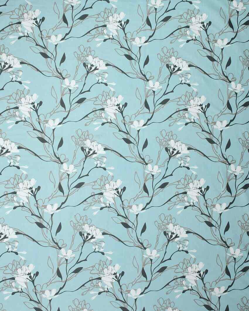 Sky Blue Lilly Flowers Glace Cotton King Size Bedsheet Set | 108 × 108 inches | 210 TC