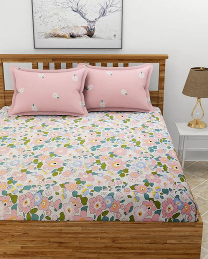 Floral Pink Premium Glace Cotton Bedding Set | King Size