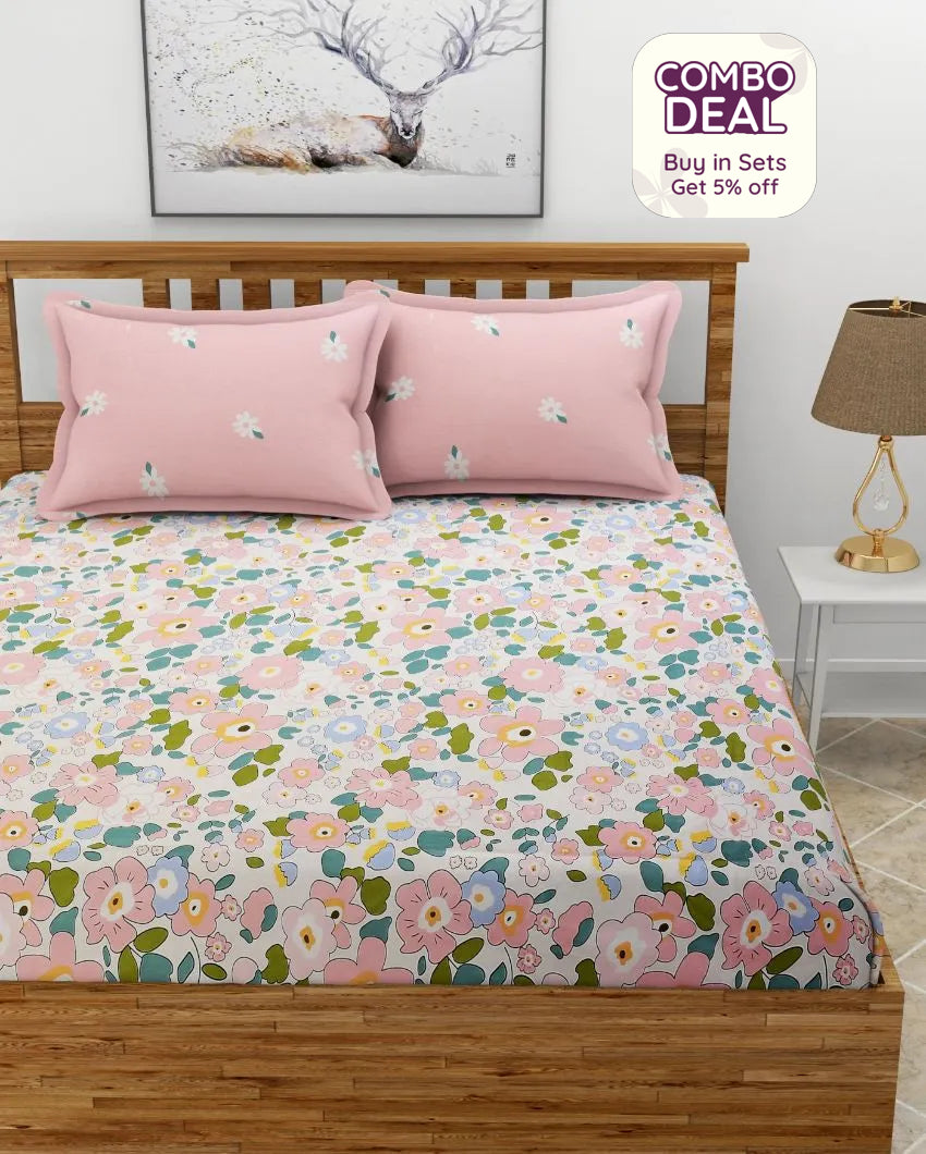 Floral Pink Premium Glace Cotton Bedding Set | King Size | 108 x 108 inches