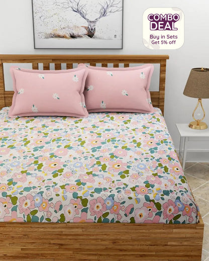 Floral Pink Premium Glace Cotton Bedding Set | King Size | 108 x 108 inches