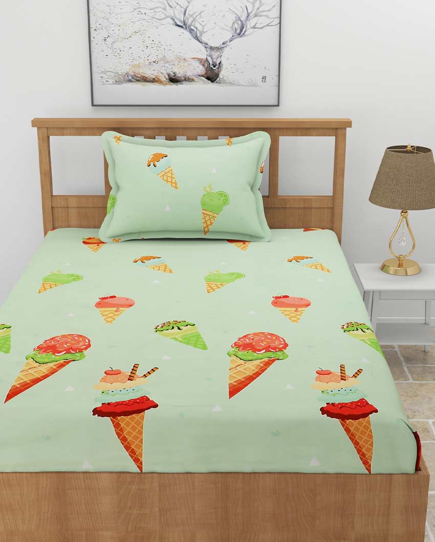 Ice Cream Printed Green Glace Cotton Flat Single Bedsheet with One King Size Pillow Cover | 90 x 60 inches