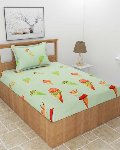 Ice Cream Printed Green Glace Cotton Flat Single Bedsheet with One King Size Pillow Cover | 90 x 60 inches