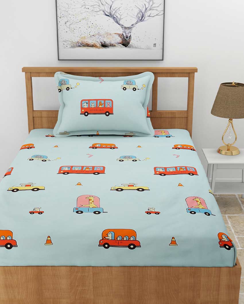 Animal Bus Printed Sky Blue Glace Cotton Flat Single Bedsheet with One King Size Pillow Cover | 90 x 60 inches