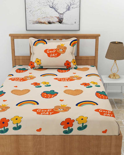 Gooday Printed Cream Glace Cotton Flat Single Bedsheet with One King Size Pillow Cover | 90 x 60 inches