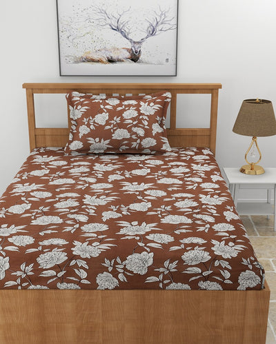 Warm Coffee Flower Glace Cotton Bedsheet with Pillow Cover | 60 x 90 inches