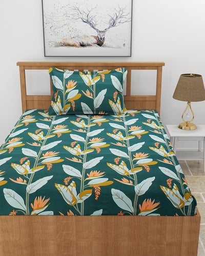 Lush Dark Green Leaf Glace Cotton Bedsheet with Pillow Cover | 60 x 90 inches