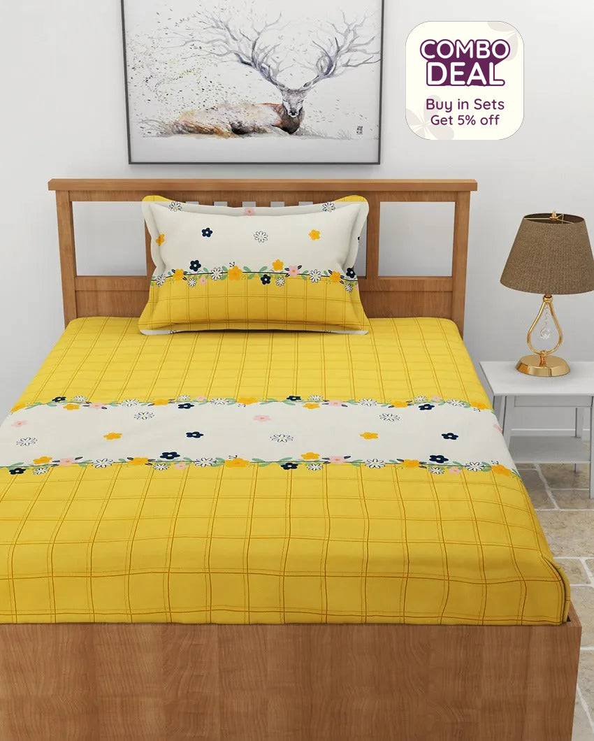 Classic Flower Pitch Glace Cotton Bedsheet with Pillow Cover | 60 x 90 inches