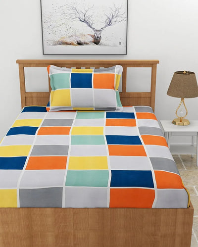 Bold Orange Check Glace Cotton Bedsheet with Pillow Cover | 60 x 90 inches