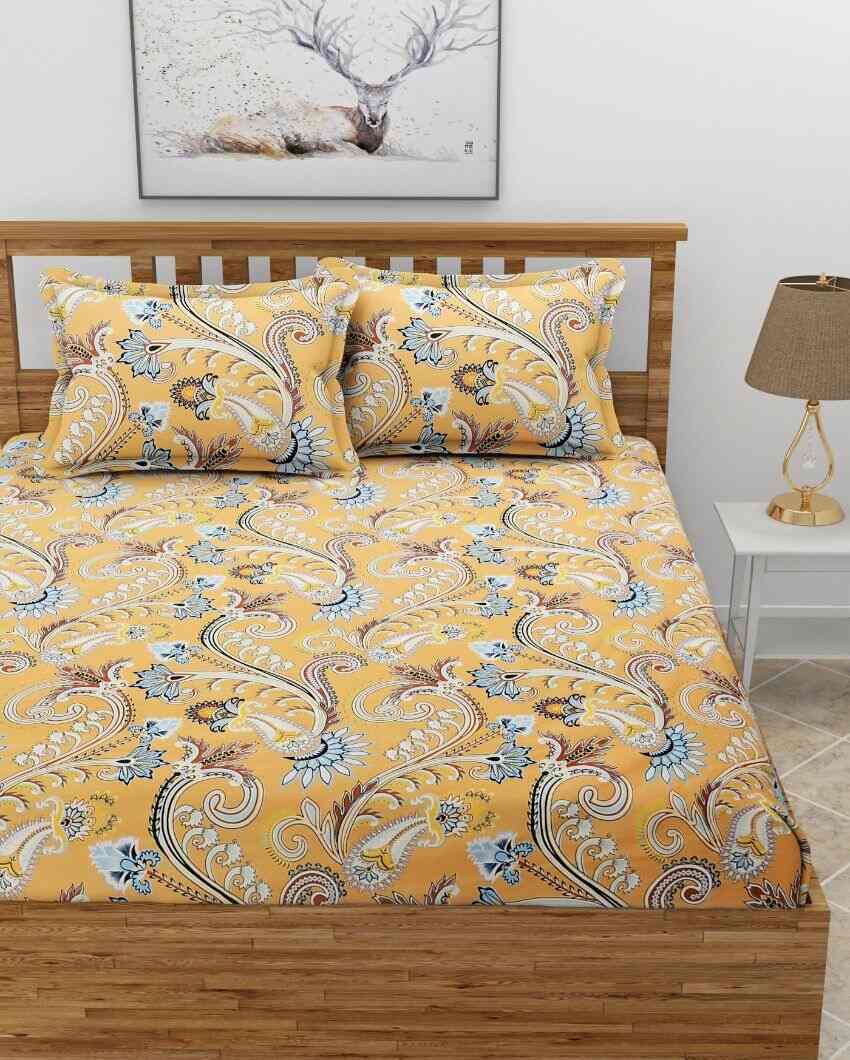 Mustard Rajasthani Glace Cotton Fitted Double Bedsheet Set | 78 x 72 x 8 inches