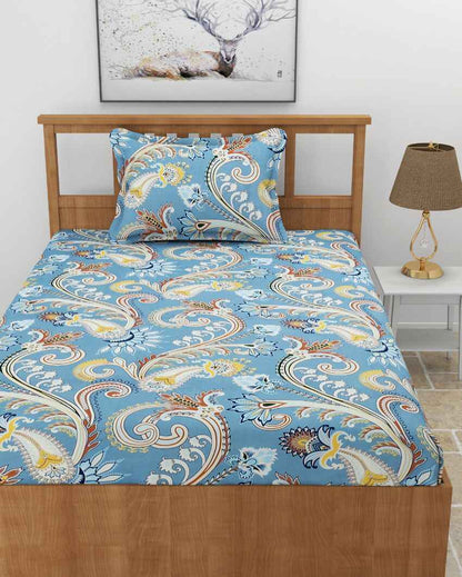 Ethnic Design Glace Cotton Elastic Fitted Single Bedsheet With 1 Pillow Cover | 78 x 36 x 8 inches