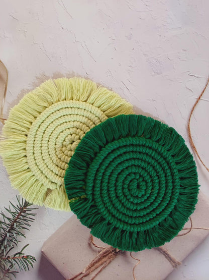 Macrame Handcrafted Lemon & Green Round Coasters | Set Of 2