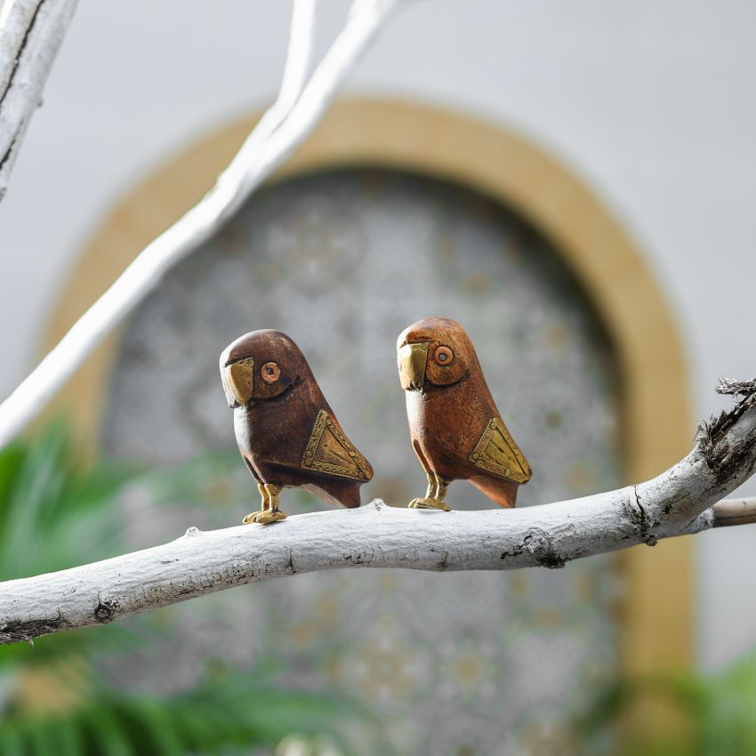 Wooden Owl-Themed Luminous Showpiece | Set of 2 | 3 x 2 x 4 inches