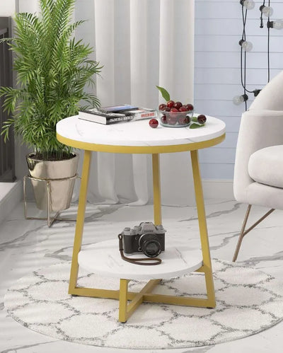 2-Tier Round Iron Side Table with Marble Top | 16 x 20 inches