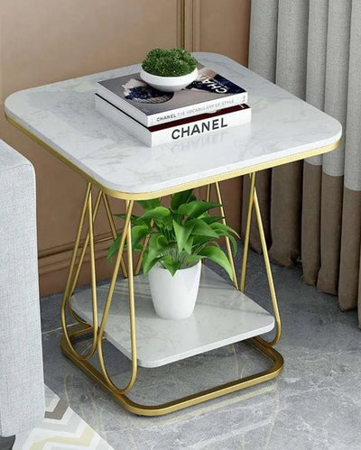 2-Tier Square Iron Side Table with Marble Top | 17 x 17 x 21 inches