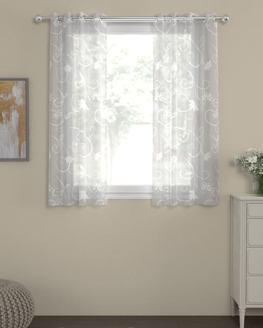White Floral Sheer Polycotton Curtains | Set of 2 | Window, Door, Long Door | 5 ft, 7 ft, 9 ft 5 Feet