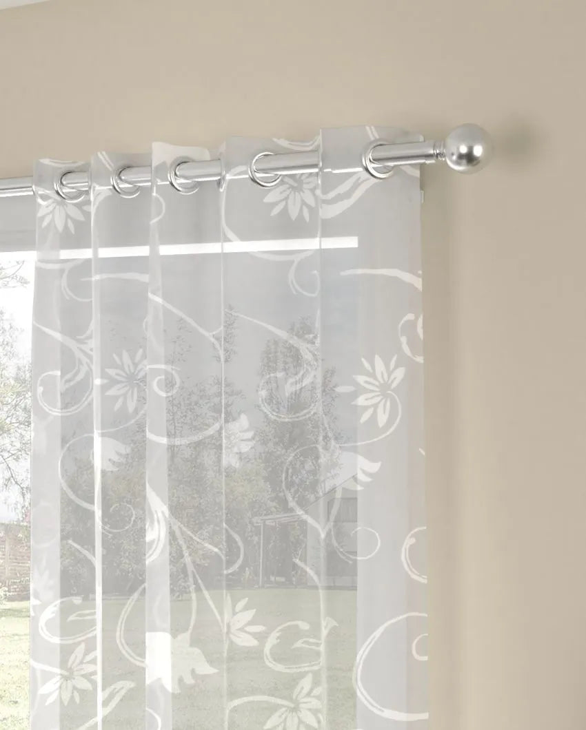 White Floral Sheer Polycotton Curtains | Set of 2 | Window, Door, Long Door | 5 ft, 7 ft, 9 ft 9 Feet