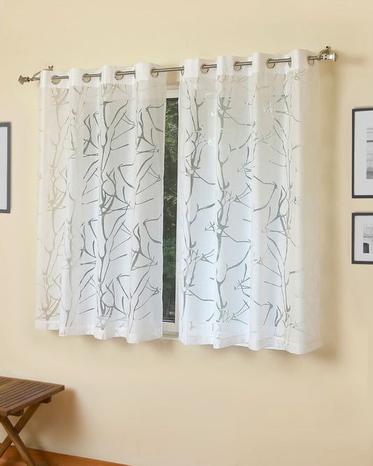 White Abstract Sheer Polycotton Curtains | Set of 2 | Window, Door, Long Door | 5 ft, 7 ft, 9 ft 5 Feet