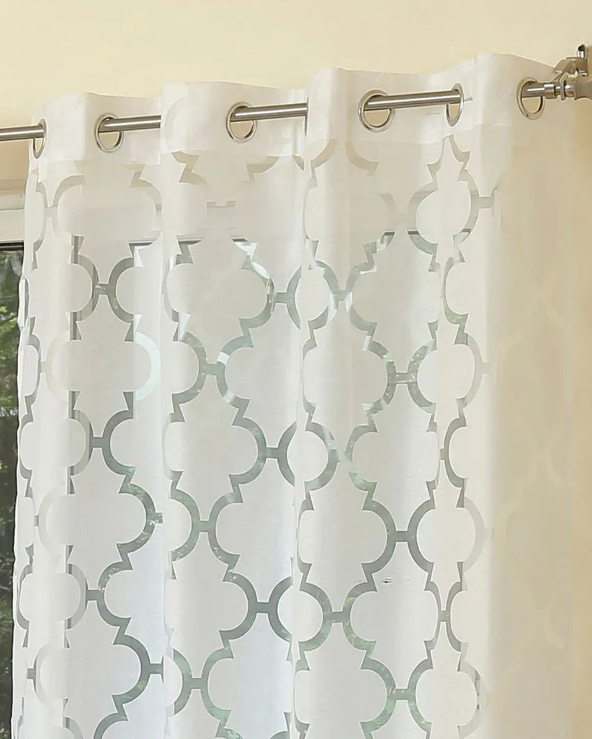 White Geometric Sheer Polycotton Curtains | Set of 2 | Window, Door, Long Door | 5 ft, 7 ft, 9 ft 5 Feet