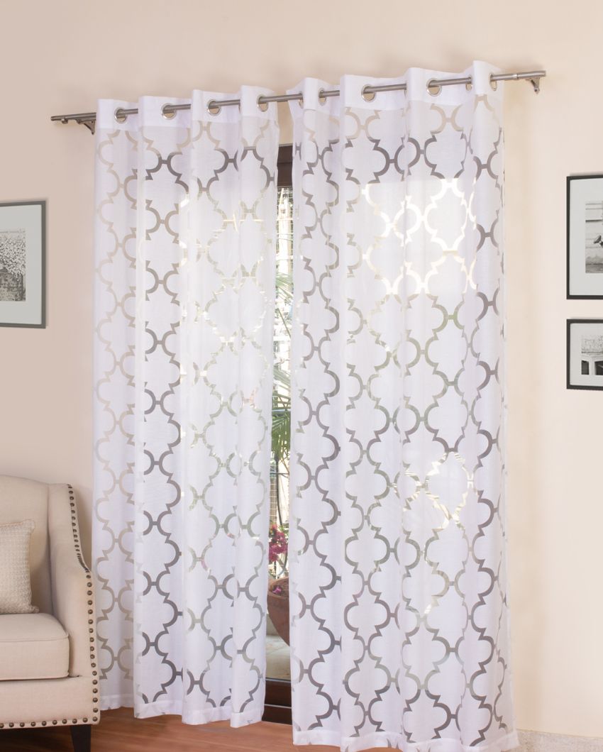 White Geometric Sheer Polycotton Curtains | Set of 2 | Window, Door, Long Door | 5 ft, 7 ft, 9 ft 7 Feet