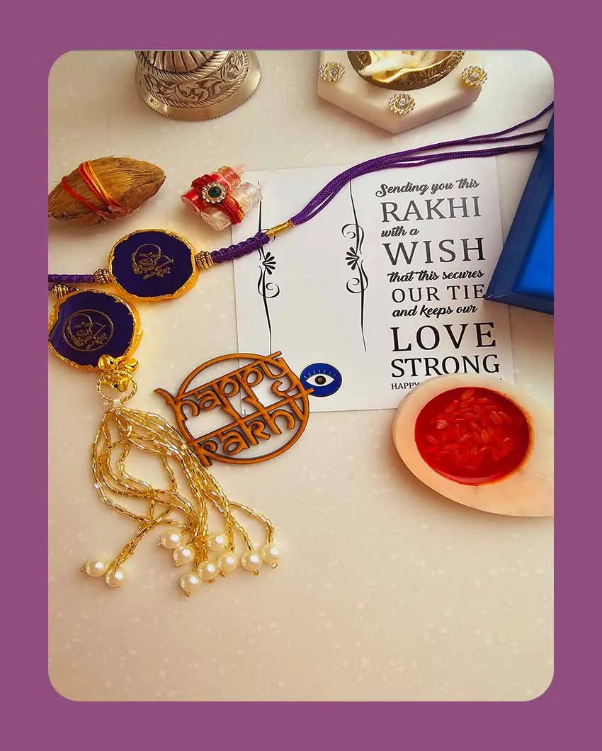 Purple Guru Ji Couple Rakhi With Roli Chawal And Lotus Platter With Diya For Raksha Bandhan