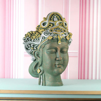 Ornate Green Buddha Head Sculpture Showpiece | 12 x 9 x 17 inches