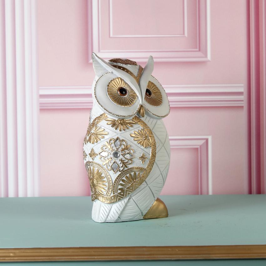 Elegant White & Gold Owl Figurine Showpiece | 3 x 6 x 10 inches