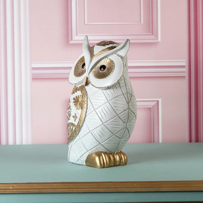 Elegant White & Gold Owl Figurine Showpiece | 3 x 6 x 10 inches