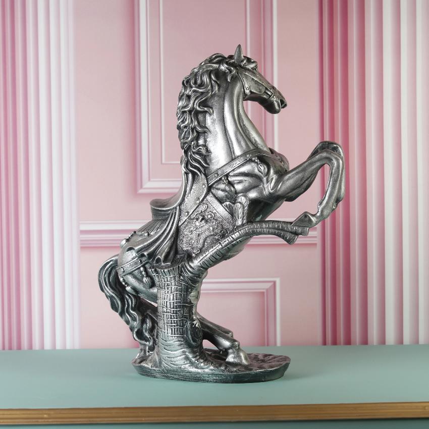 Antique Silver Finish Horse Statue Showpiece | 13 x 7 x 17 inches