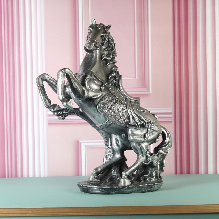 Antique Silver Finish Horse Statue Showpiece | 13 x 7 x 17 inches