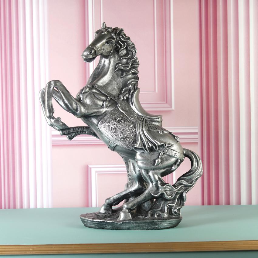 Antique Silver Finish Horse Statue Showpiece | 13 x 7 x 17 inches