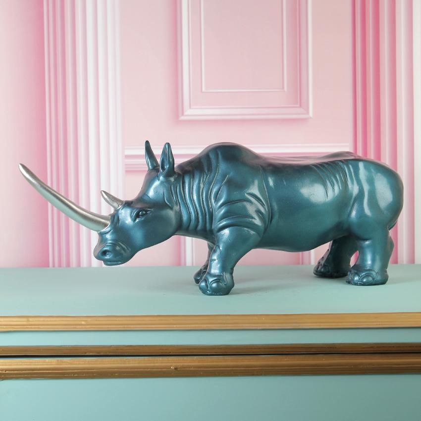 Modern Abstract Blue Rhino Sculpture Showpiece | 21 x 6 x 9 inches