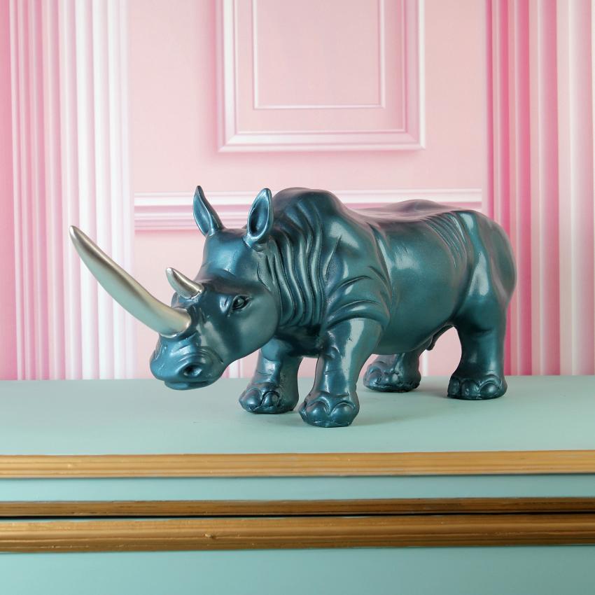 Modern Abstract Blue Rhino Sculpture Showpiece | 21 x 6 x 9 inches