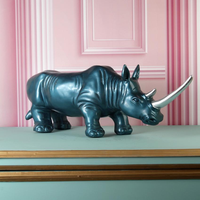 Modern Abstract Blue Rhino Sculpture Showpiece | 21 x 6 x 9 inches