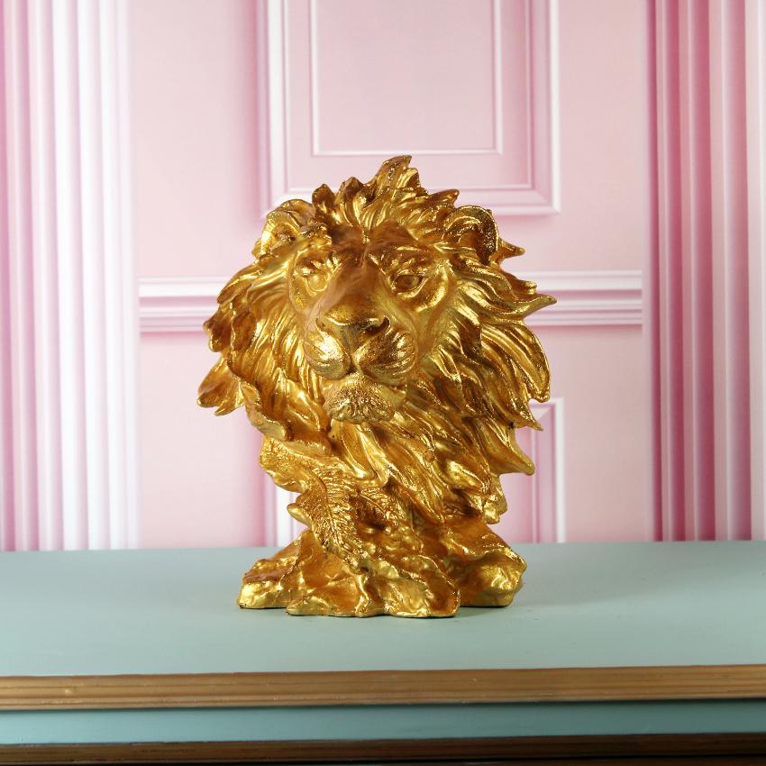 Majestic Golden Lion Head Statue Showpiece | 9 x 6 x 11 inches