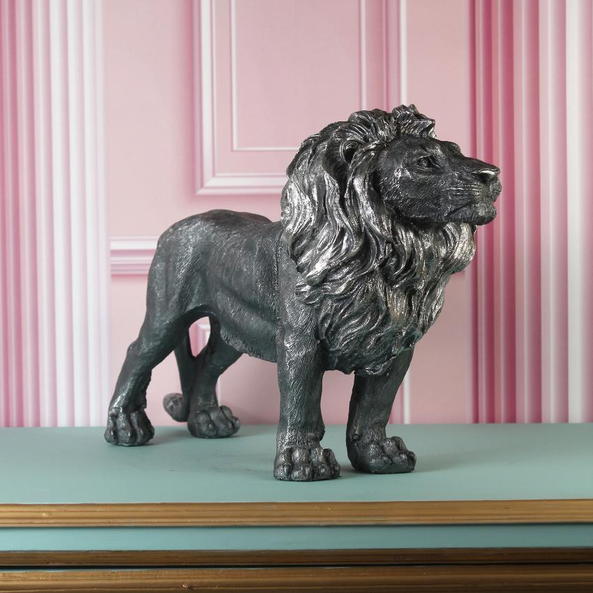 Regal Silver Lion Statue Showpiece | 20 x 7 x 13 inches