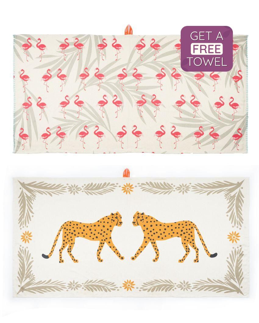 Cheetah Charm And Tropical Flamingo Bamboo Bath Towels | Set Of 2 | 55 X 27 inches