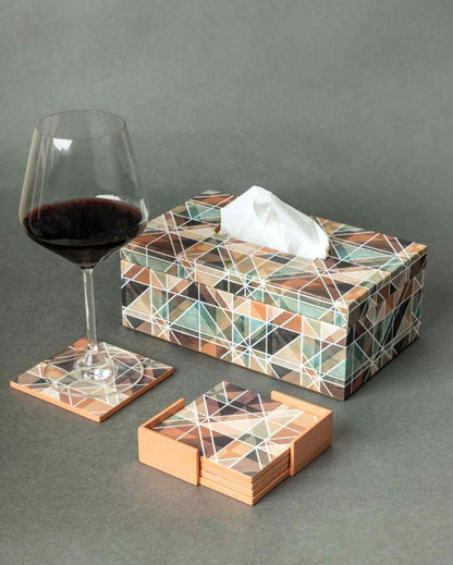 Majestic Wooden & Faux Leather Tissue Box With Coasters Set