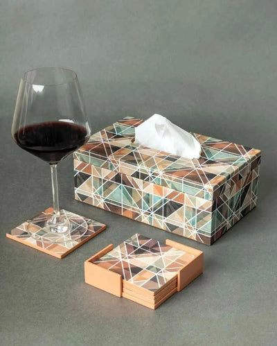 Majestic Wooden & Faux Leather Tissue Box With Coasters Set