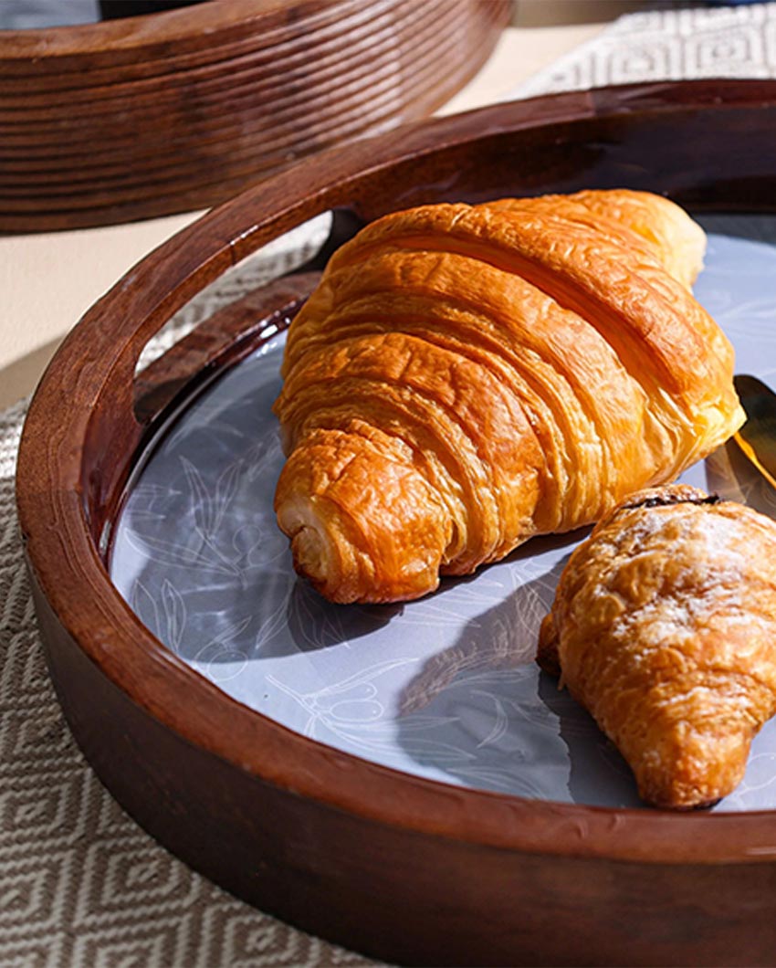 Classic Round Enamel Finish Wooden Breakfast Tray | 5 x 5 x 1 inches