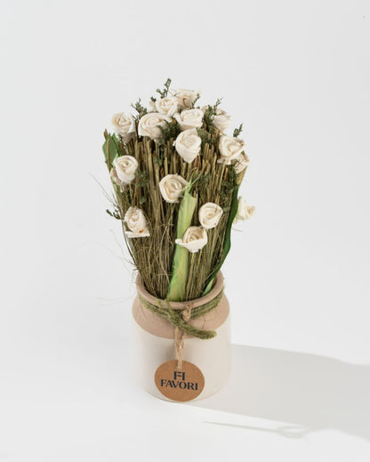 Serene Blooms | Dry Rose Floral Arrangement With White Ceramic Pot | 3 x 9 inches