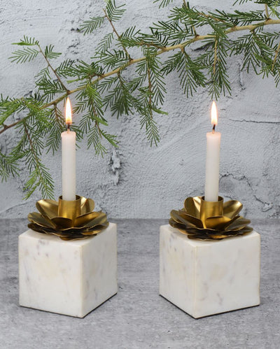 Flower Flame Cradle Marble Candle Holders | Set of 2 | 4 x 4 x 5 inches