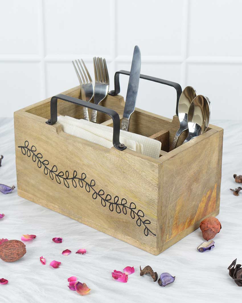 Timber Serve Wooden Cutlery Stand with Napkin Holder | 10 x 6 x 7 inches